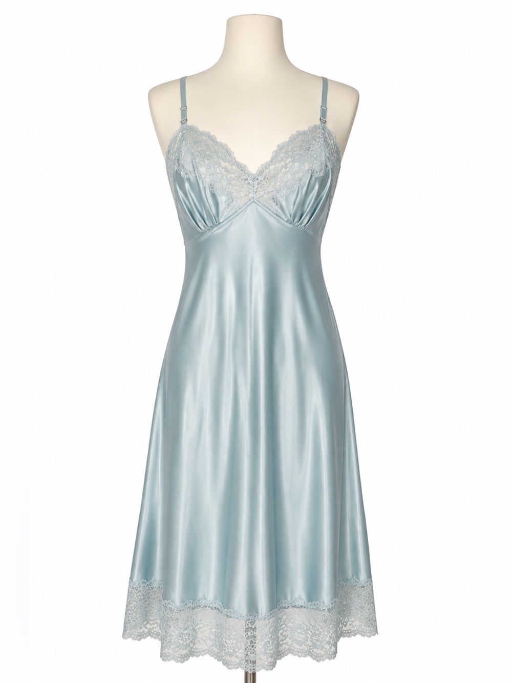 Vintage Vanity Fair Satin Lace Slip Dress Size 38 Made in USA Aqua Teal